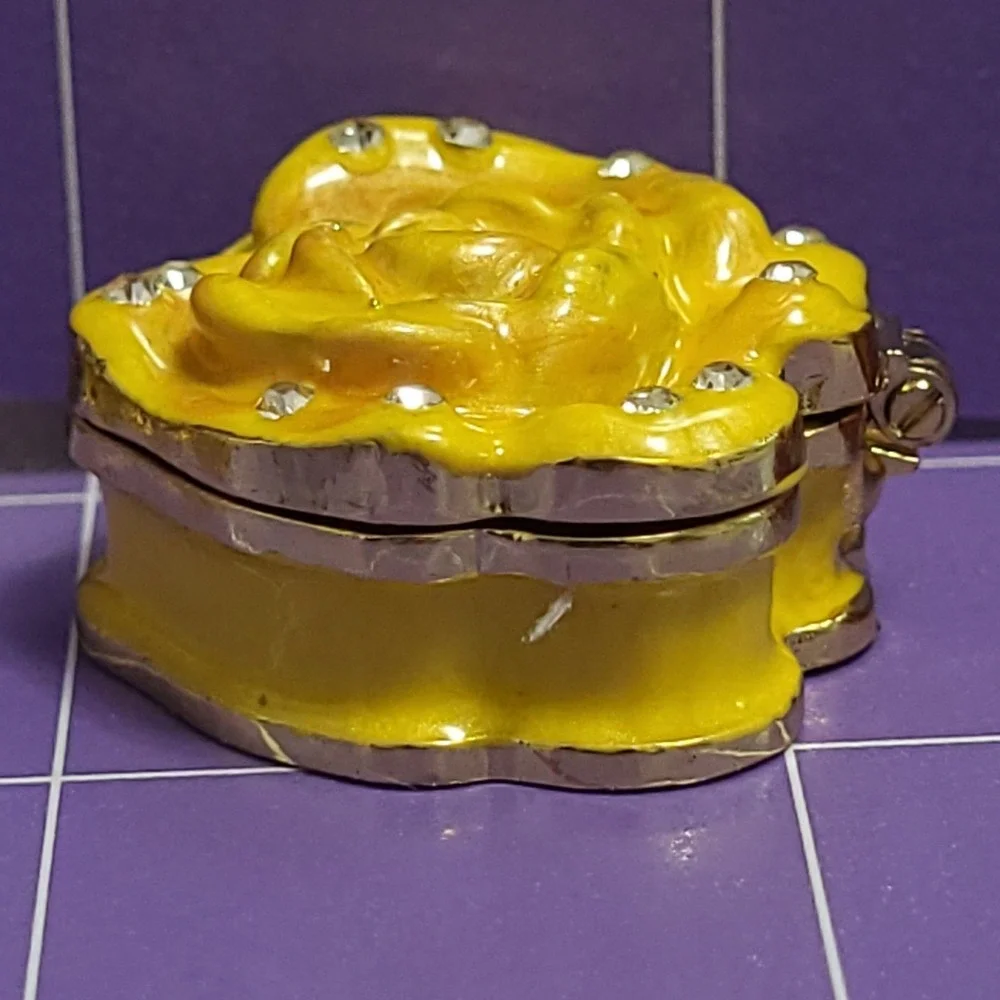 Work of Art Mini Trinket Pill Box Enamel Rose Rhinestone Yellow Shelf Decor